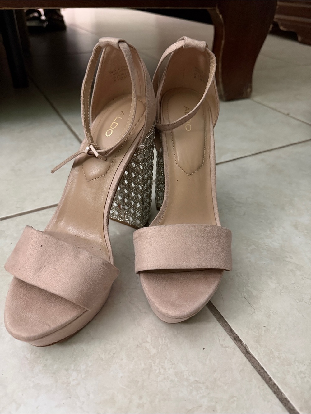 ALDO Blush Pink Suede Block Heel Sandals with Crystal-Embellished Heel